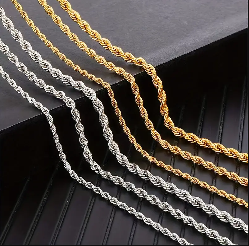 18K Gold Plated Twist Rope Chain, Stainless Steel