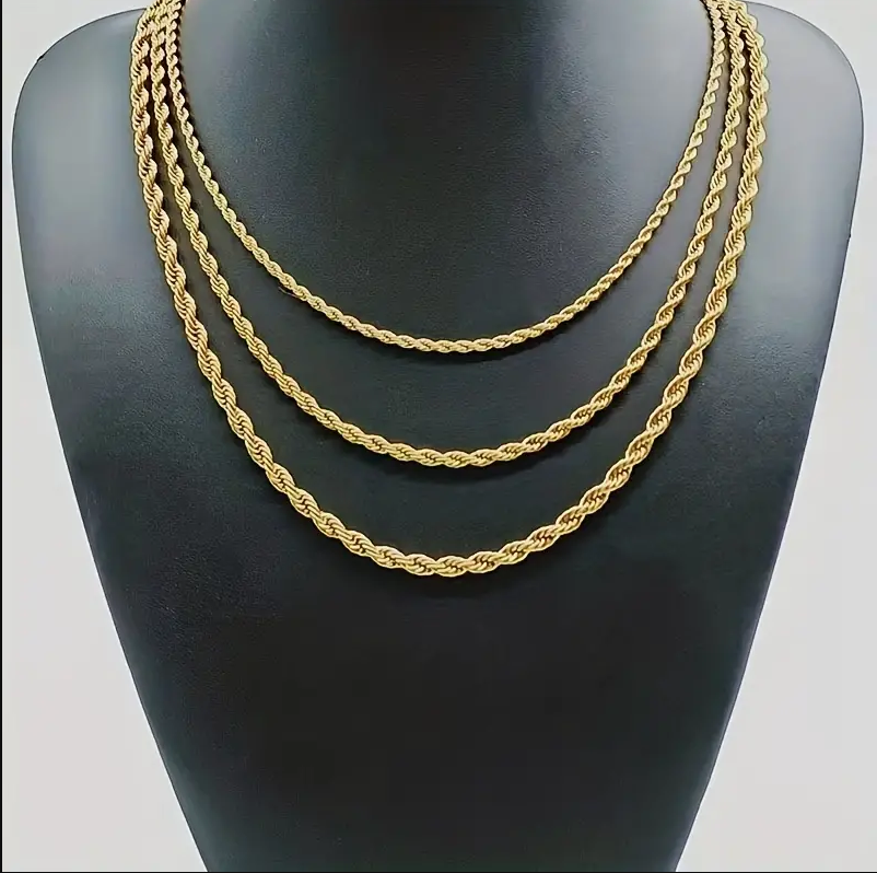 Cadena de cuerda giratoria chapada en oro de 18 quilates, acero inoxidable