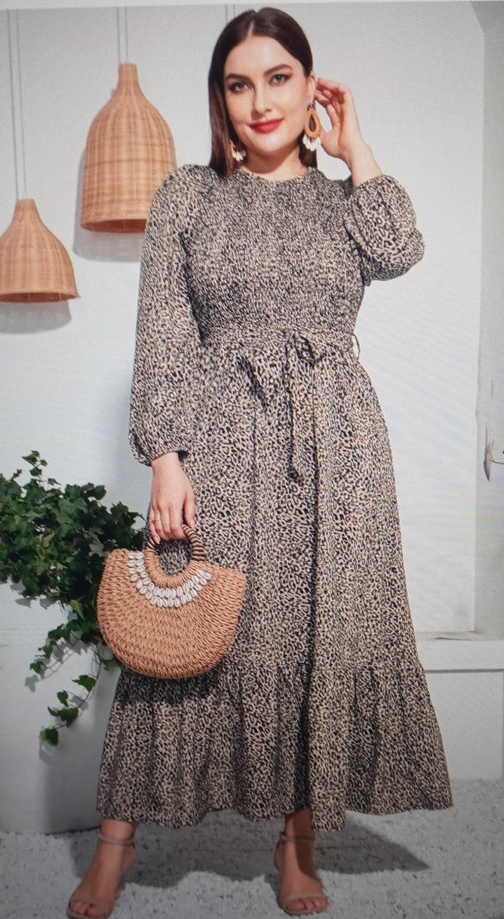 Leopard Print Lantern Sleeve Ruffle Hem Belted Dress