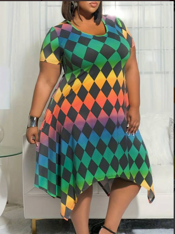 Plus Ombre Print Short Sleeve Round Asymmetric Hem