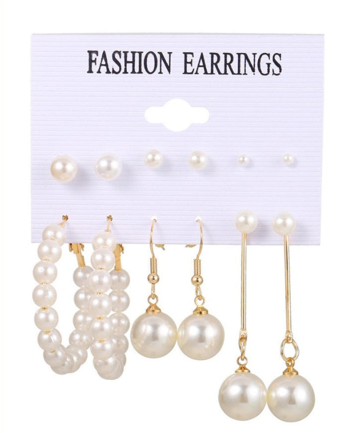 6Pairs Pearls Beaded Drop Hoop Earrings Set