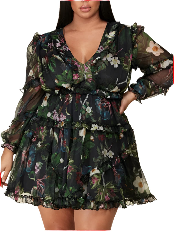 Ruffle Floral Back Lace Up Mini Dress
