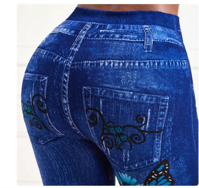 High Waist Stretch Leggings Denim Look Skinny Jeggings