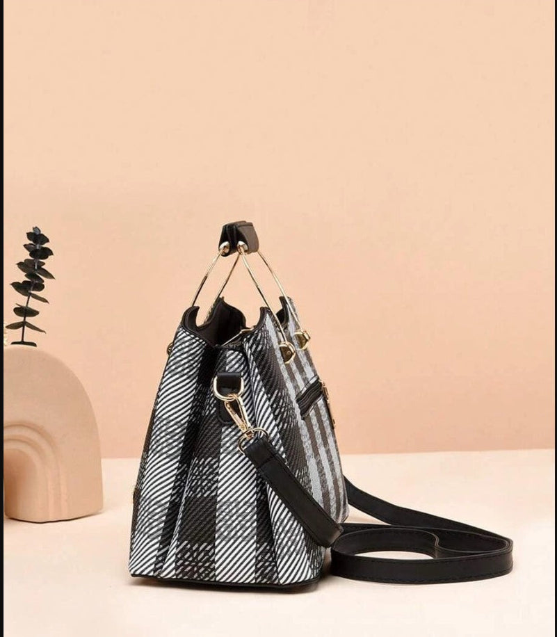 Medium Satchel Bag Plaid Faux Pearl Detail Double Handle