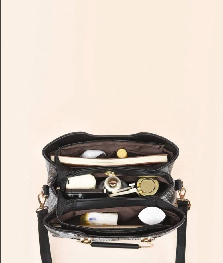 Medium Satchel Bag Plaid Faux Pearl Detail Double Handle