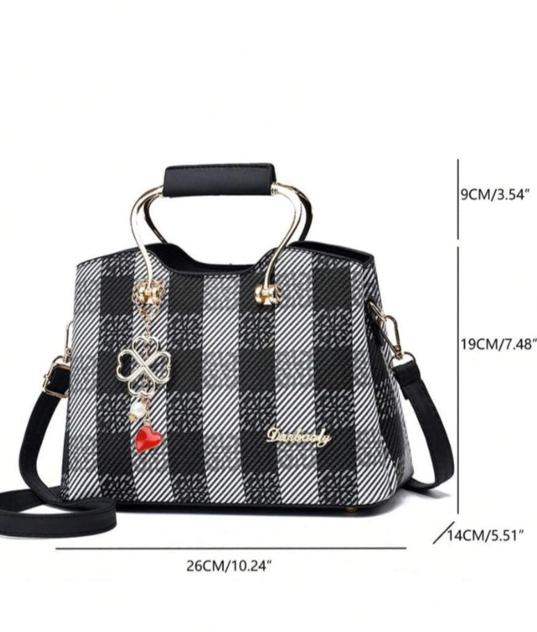 Medium Satchel Bag Plaid Faux Pearl Detail Double Handle