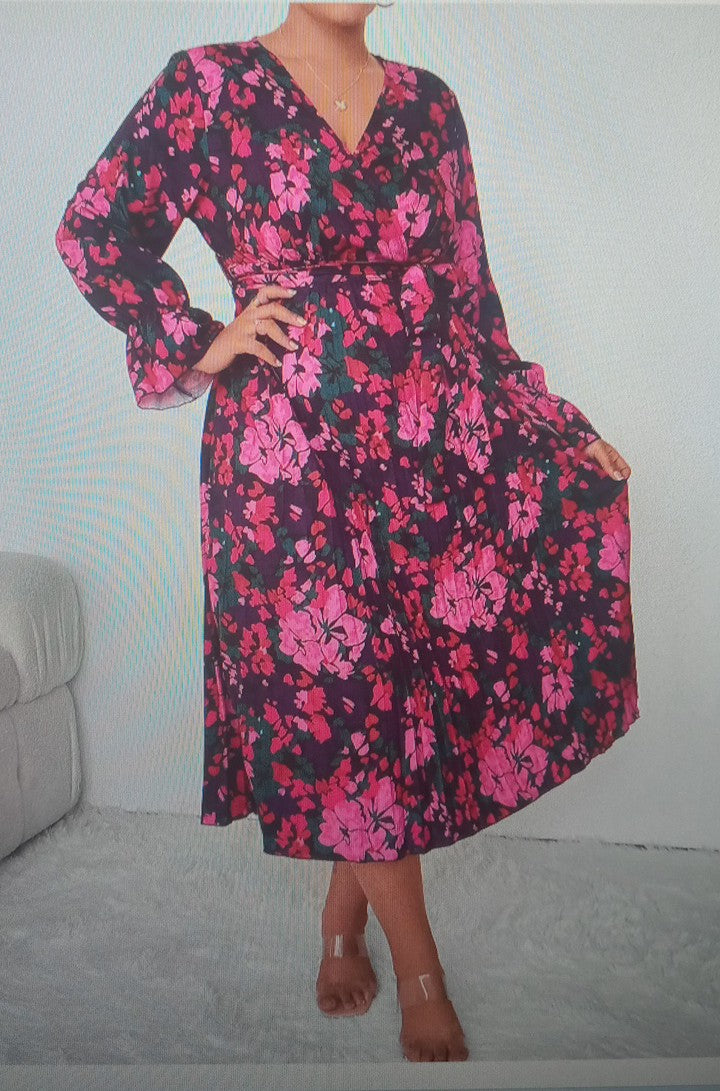 Floral Print Flounce Sleeve Belted Dress