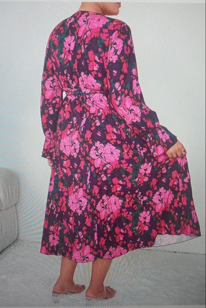 Floral Print Flounce Sleeve Belted Dress