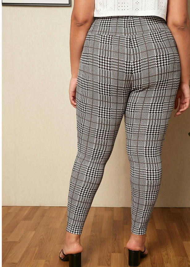 Curvy Houndstooth Print Wide Waistband Leggings