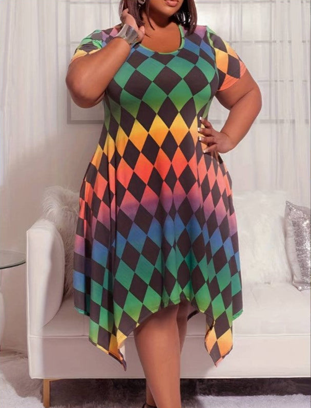 Plus Ombre Print Short Sleeve Round Asymmetric Hem