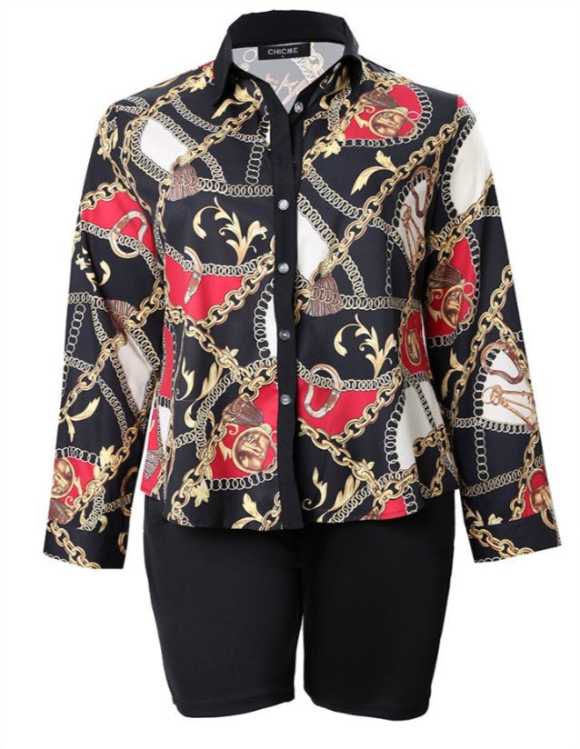 Plus Size Chain Button Down Shirt & Shorts Set