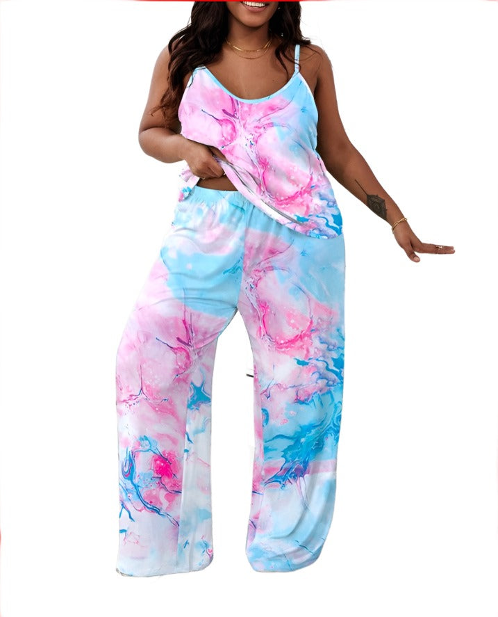 Curvy Size Tie Dye Print Spaghetti Strap Pajamas Set