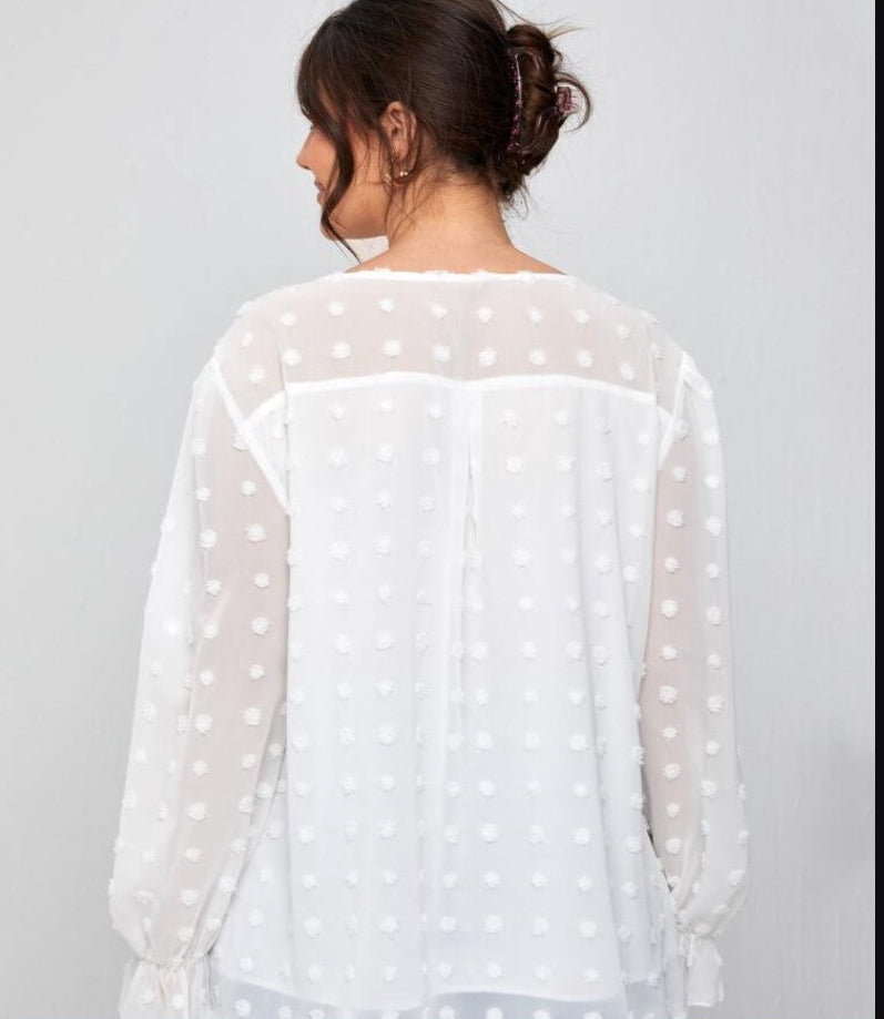 Plus Swiss Dot Plicated Flounce Sleeve Blouse