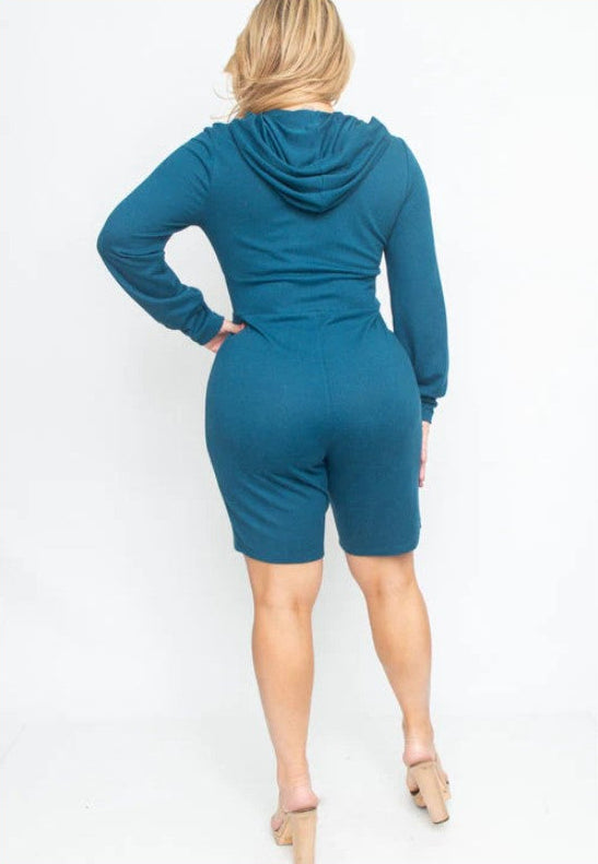 Plus Size Long Sleeve Zip Front Midi Shorts Romper With Hoodie