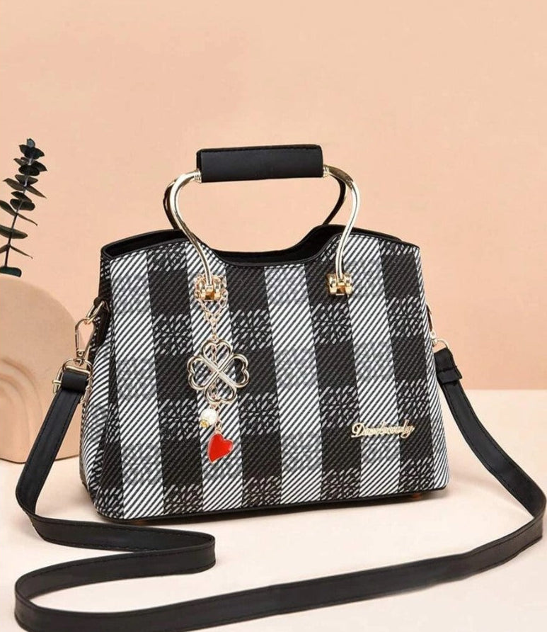 Medium Satchel Bag Plaid Faux Pearl Detail Double Handle