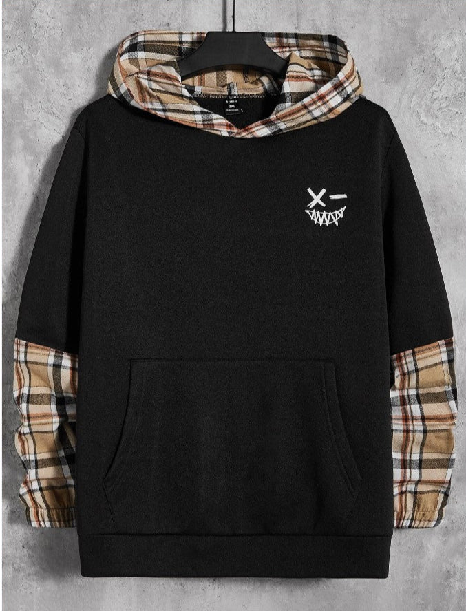 Extended Sizes Men Plaid Kangaroo Pocket Hoodie