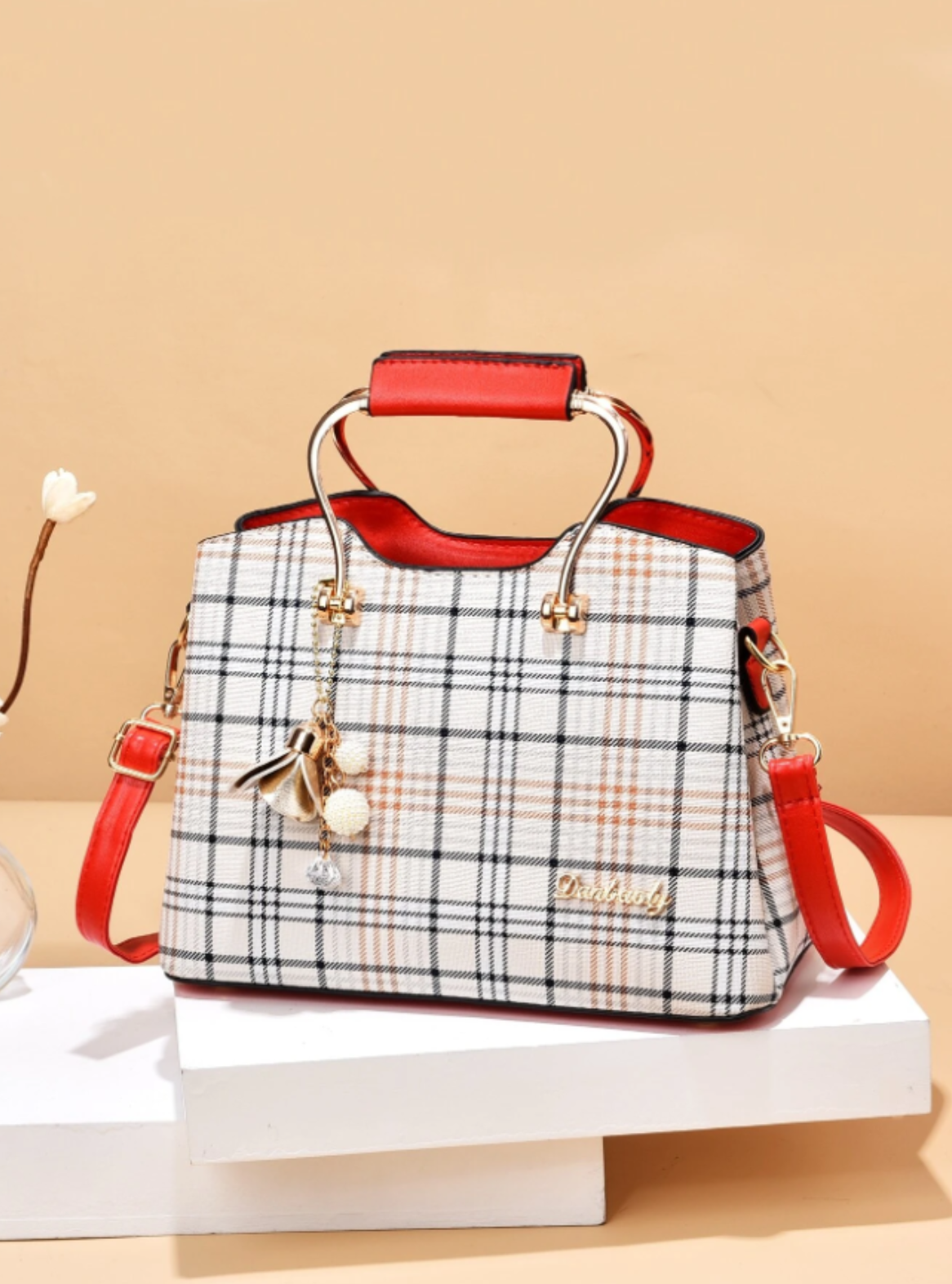 Plaid Pattern Square Bag Medium Charm Decor