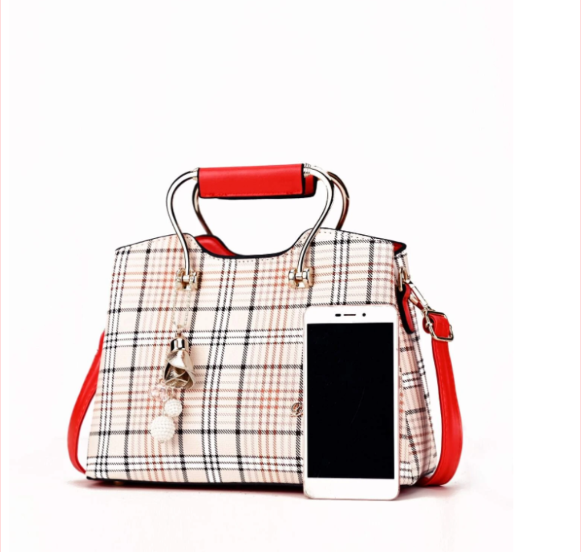 Plaid Pattern Square Bag Medium Charm Decor