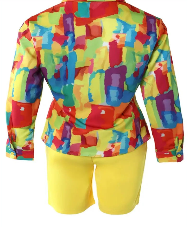 Plus Size Print Button Up Shirt & Button Fly Shorts 2pcs Set