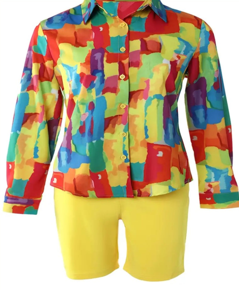 Conjunto de 2 piezas de camisa con botones y pantalones cortos con bragueta de botones y estampado de talla grande