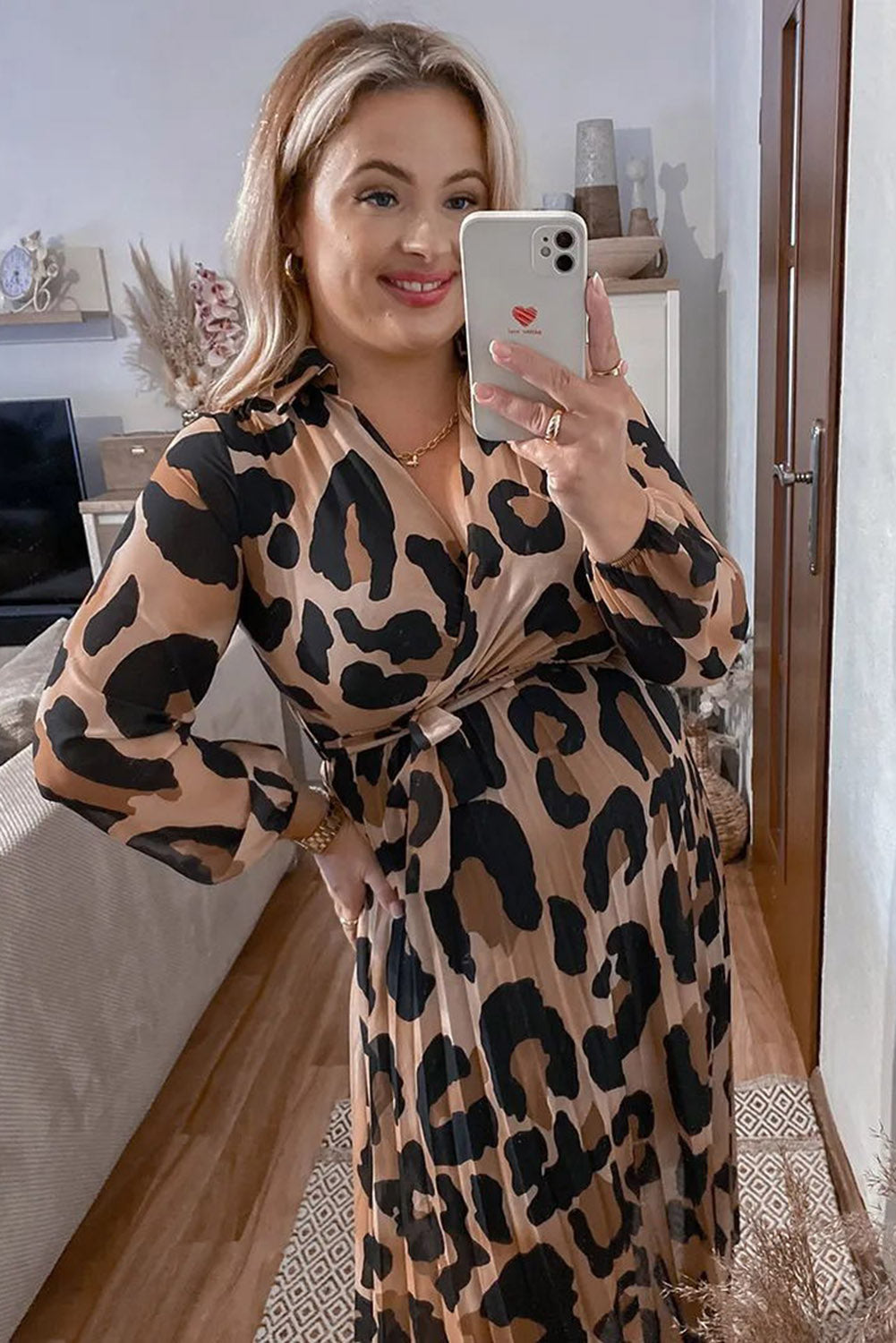 Plus Size Leopard V Neck Wrap Pleated Dress