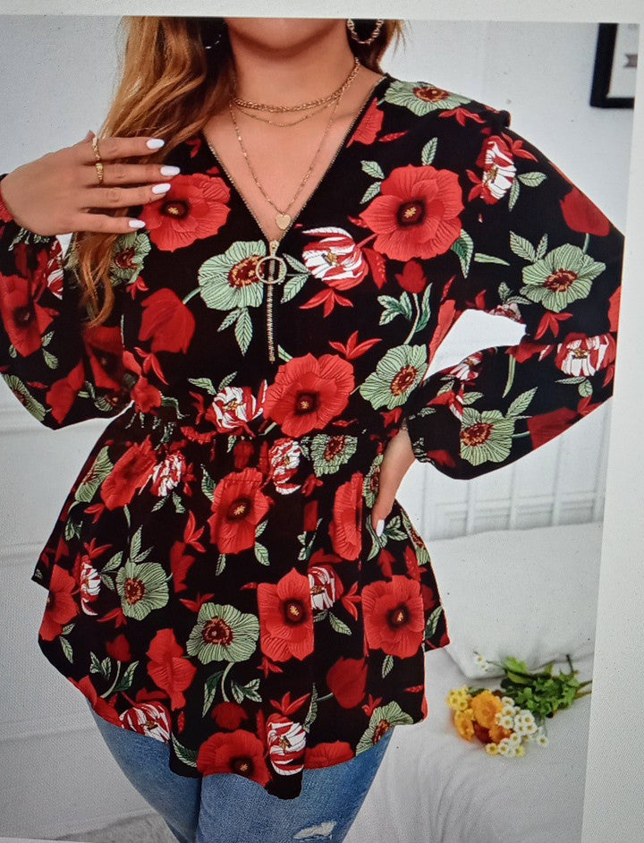 Mangas Rojas Con Estampado Floral Plus