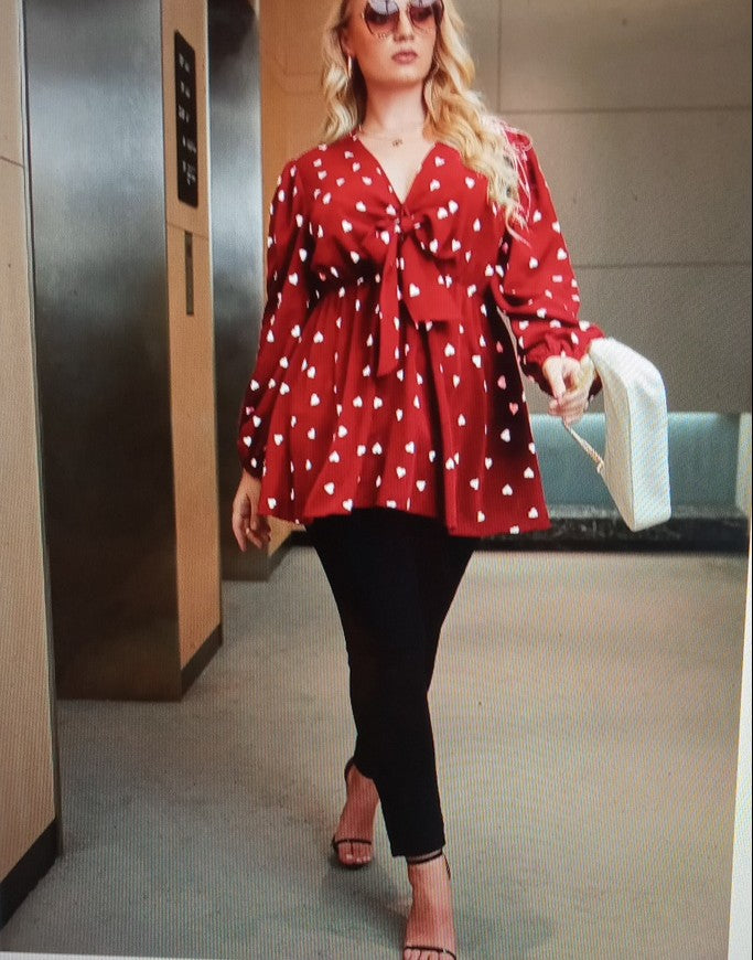 Plus Heart Print Bow Tie Blouse