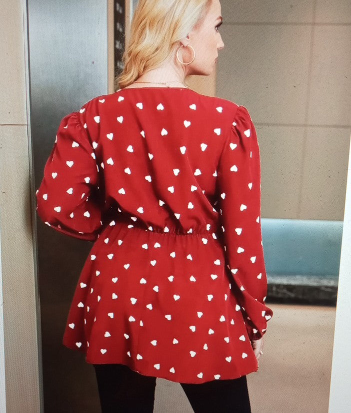 Plus Heart Print Bow Tie Blouse