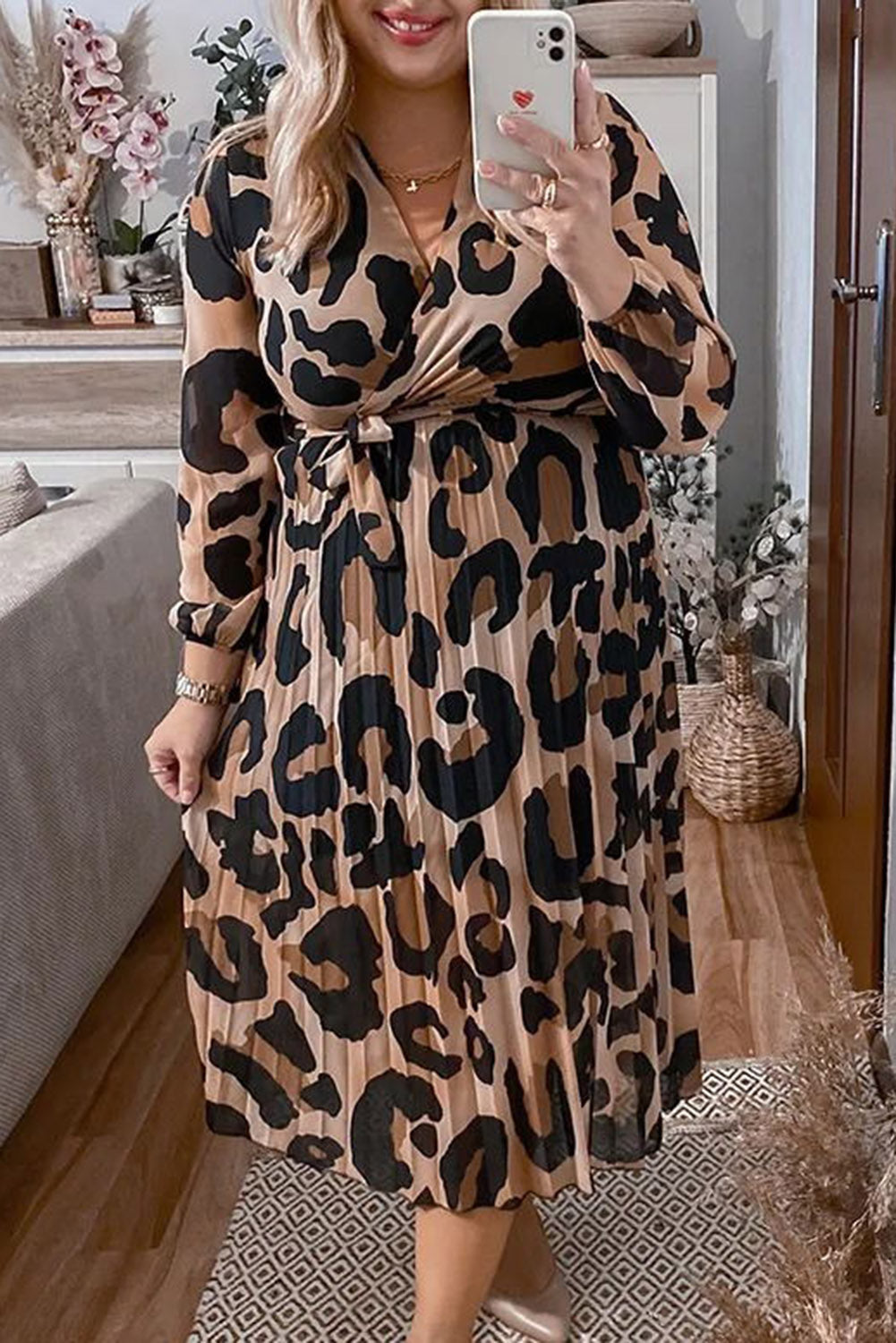 Plus Size Leopard V Neck Wrap Pleated Dress