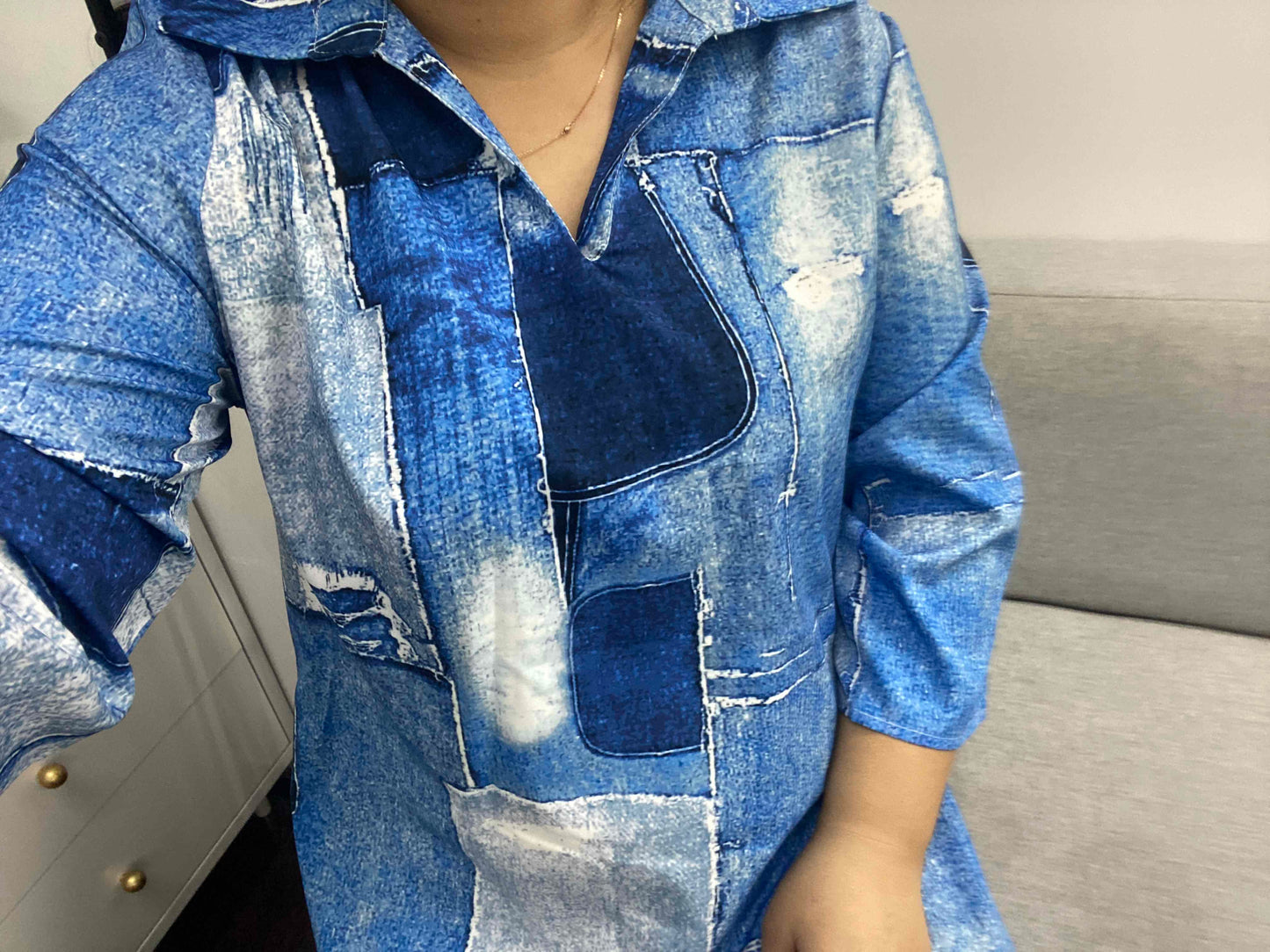 Plus Size Denim Look Print Long Sleeve Belted Jumpsuit