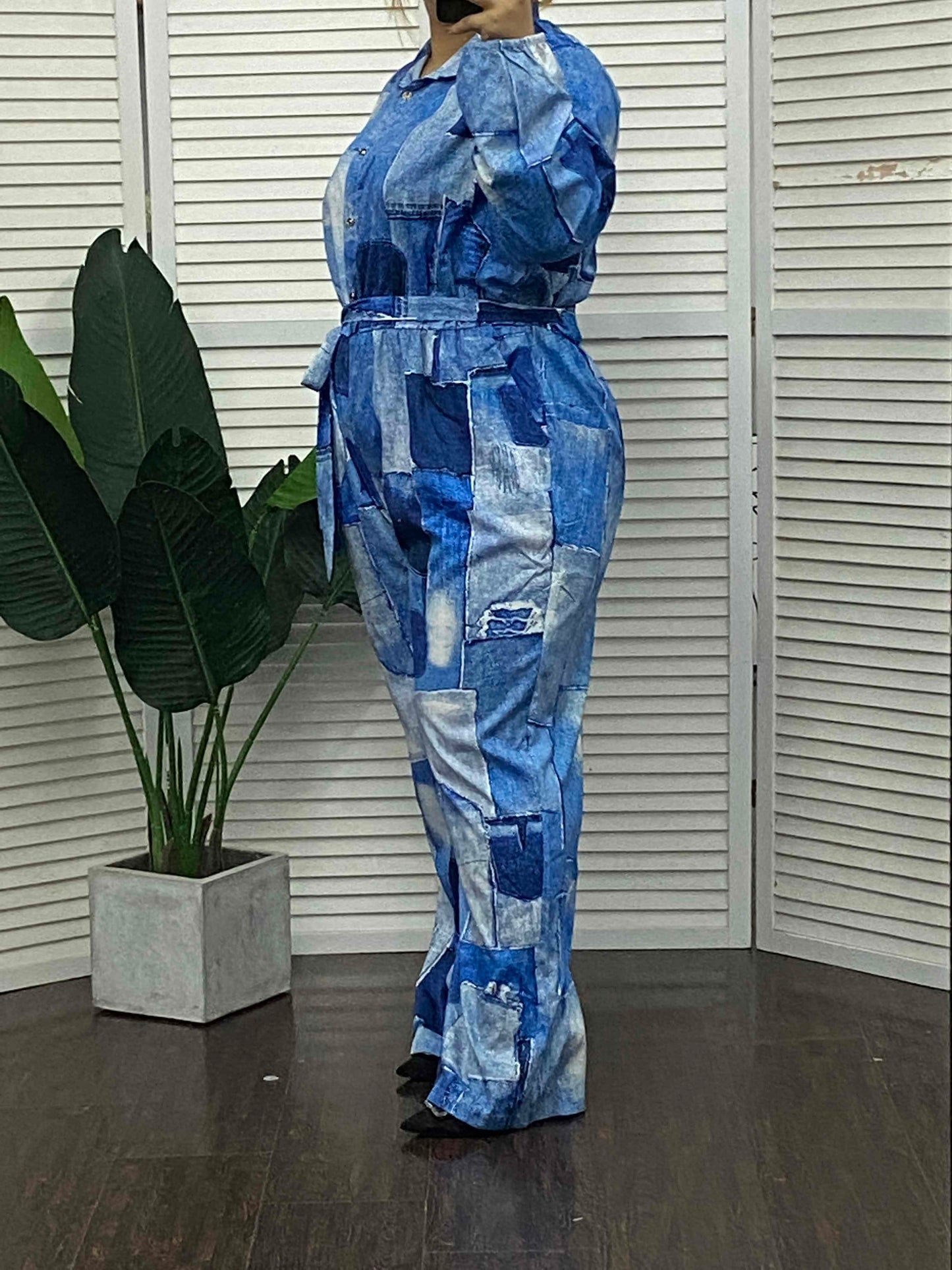 Plus Size Denim Look Print Long Sleeve Belted Jumpsuit