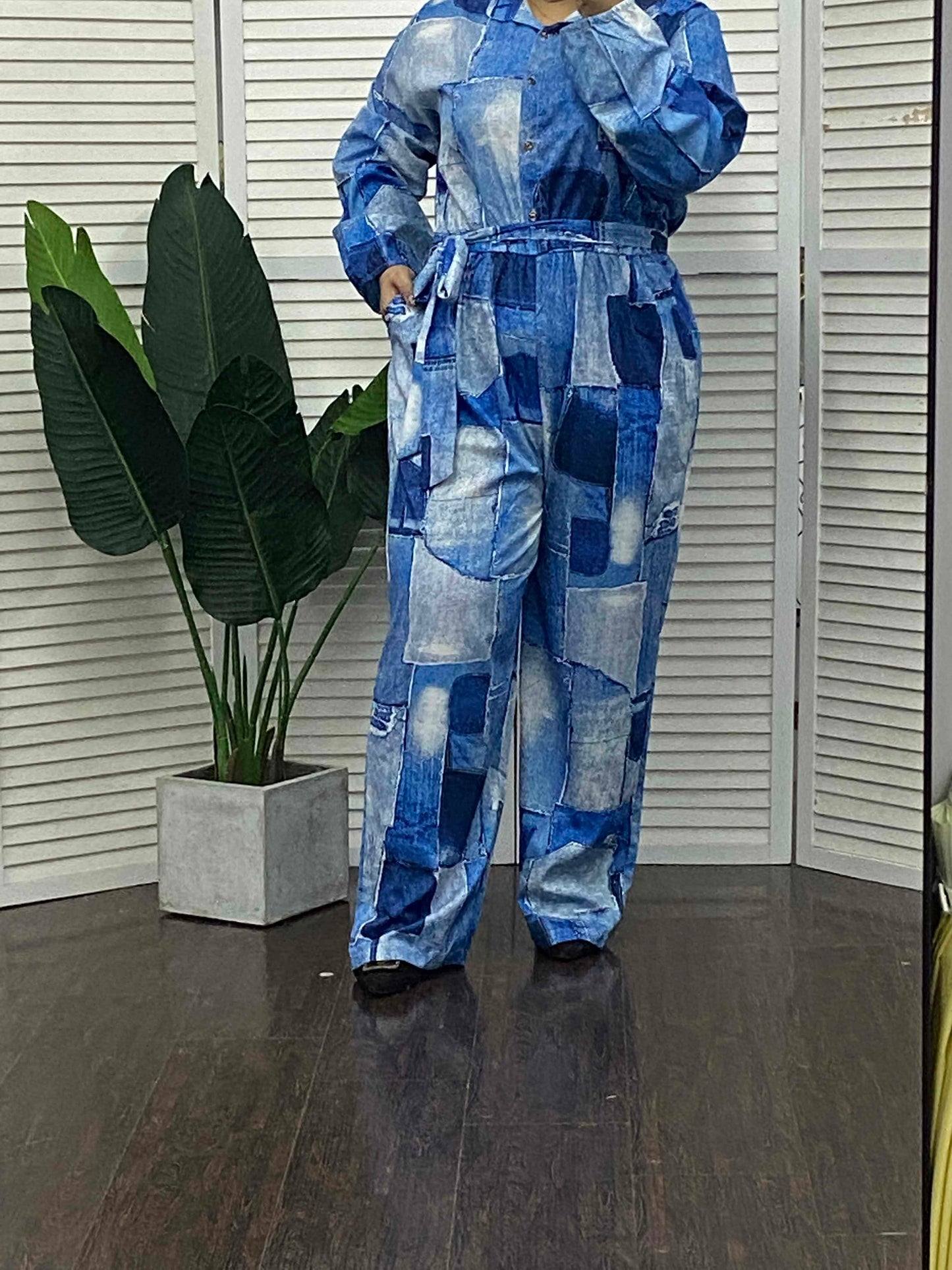 Plus Size Denim Look Print Long Sleeve Belted Jumpsuit