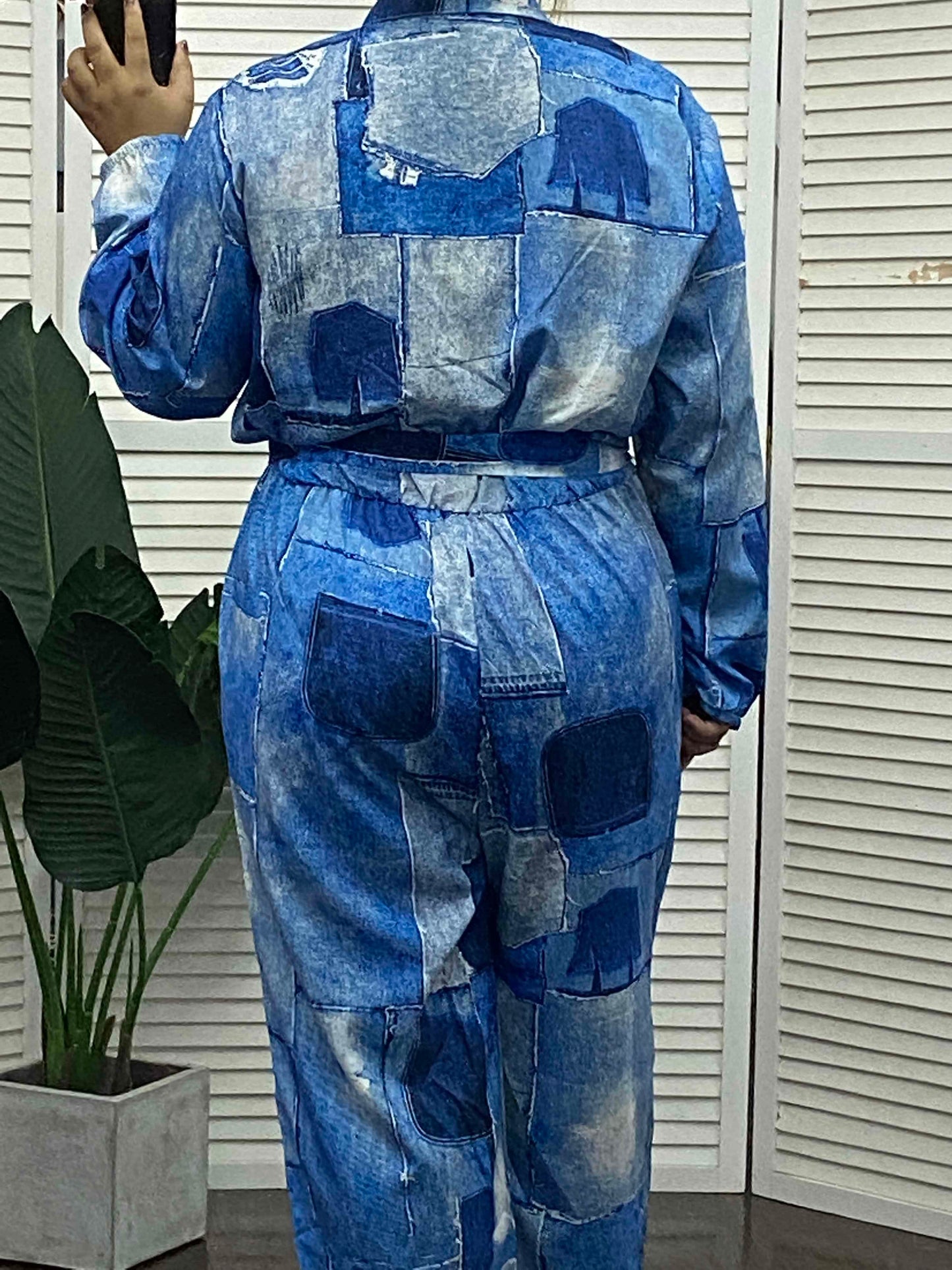 Plus Size Denim Look Print Long Sleeve Belted Jumpsuit