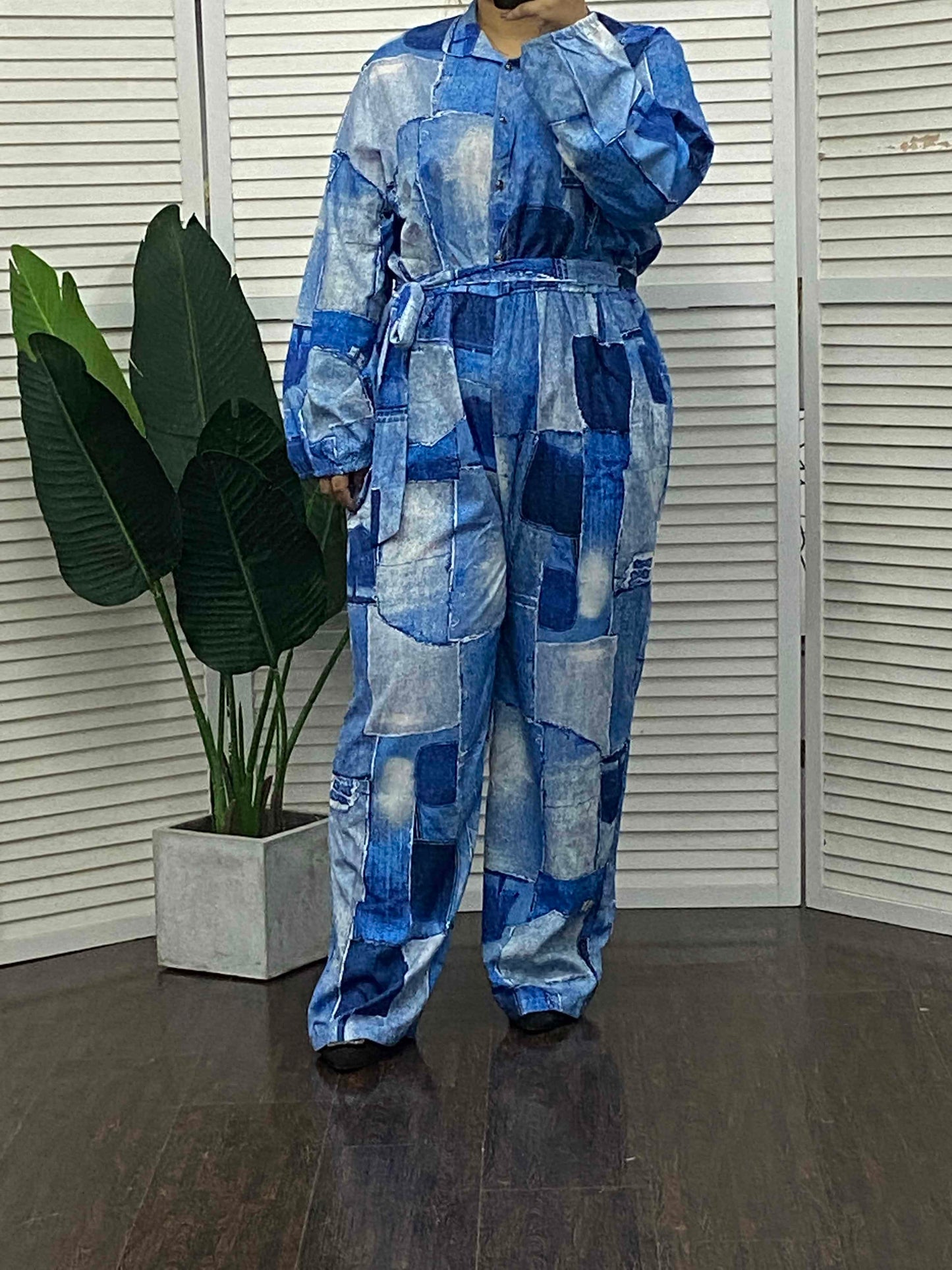 Plus Size Denim Look Print Long Sleeve Belted Jumpsuit