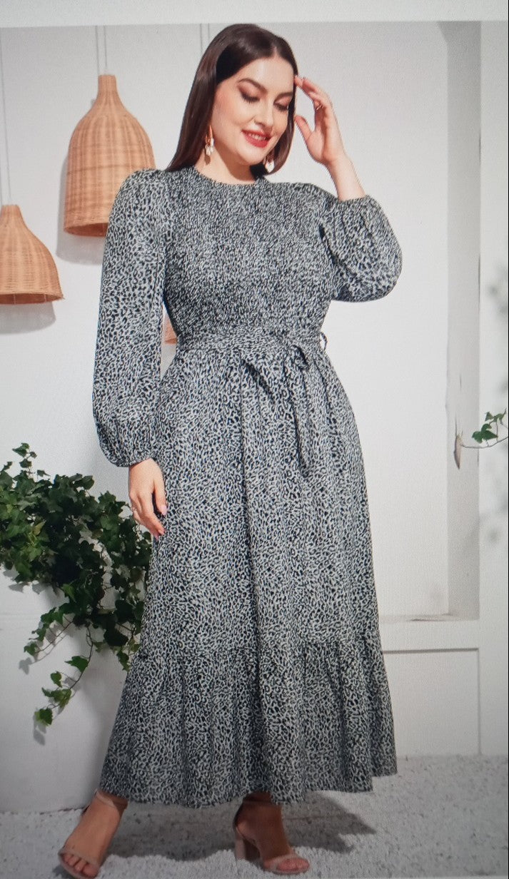 Leopard Print Lantern Sleeve Ruffle Hem Belted Dress