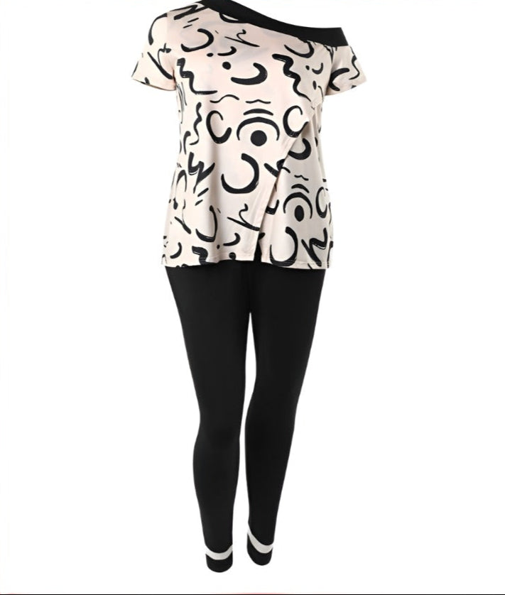 Abstract Print Split Hem Top & Pants Set