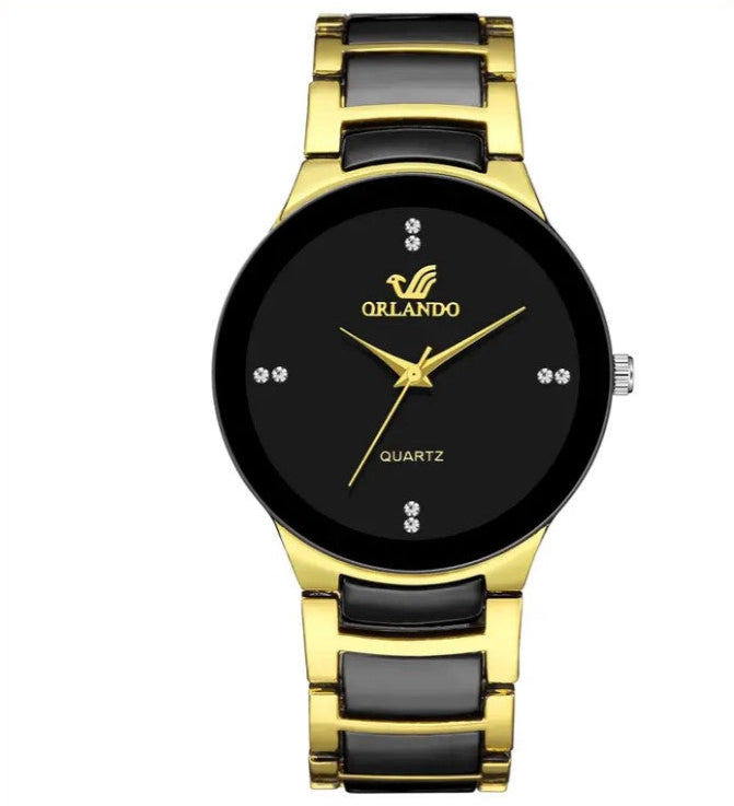 Men's British Style Golden Steel Strap Pointer Plated Diamond Quartz Watch