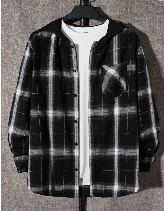 Extended Sizes Men Plaid Print Hooded Shirt Without Tee