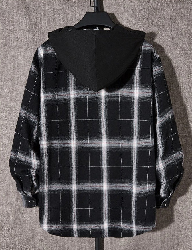 Extended Sizes Men Plaid Print Hooded Shirt Without Tee