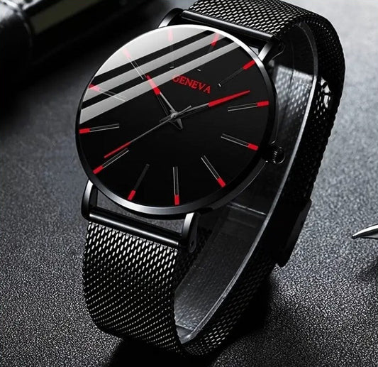 Reloj de cuarzo con correa de malla de acero inoxidable ultrafino a la moda para hombre 