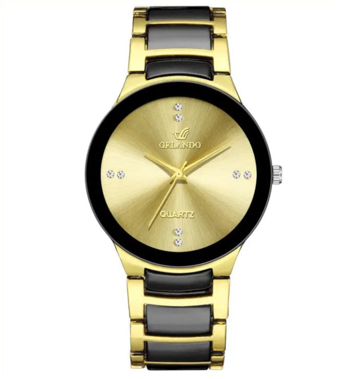 Men's British Style Golden Steel Strap Pointer Plated Diamond Quartz Watch
