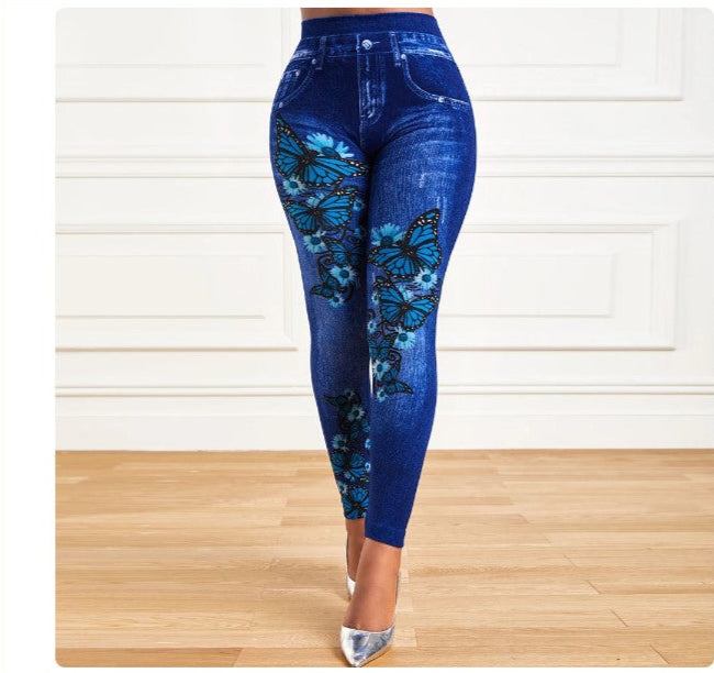 High Waist Stretch Leggings Denim Look Skinny Jeggings