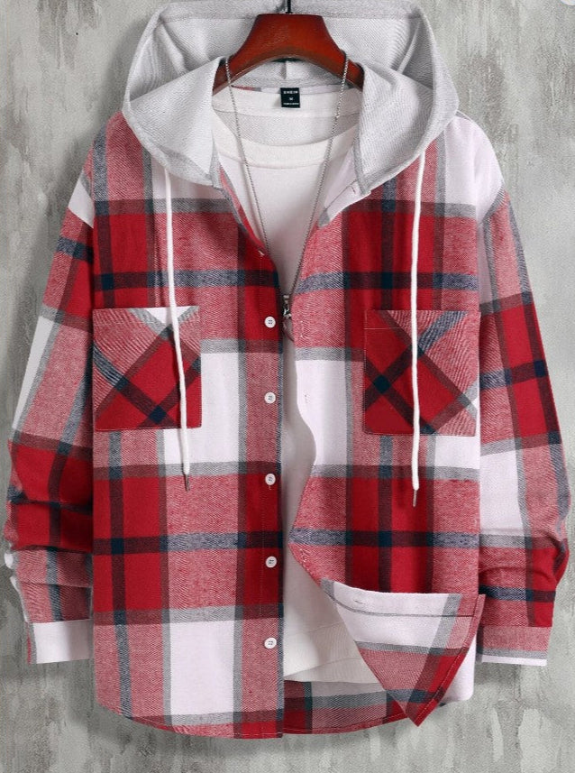 Men Plaid Dual Pocket Drawstring Hooded Shirt