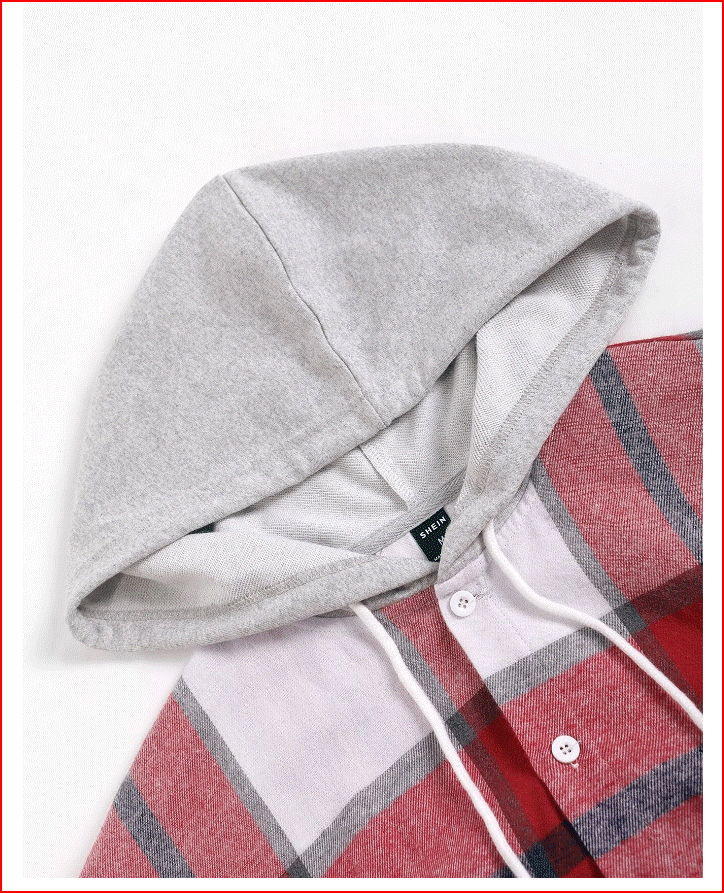 Men Plaid Dual Pocket Drawstring Hooded Shirt
