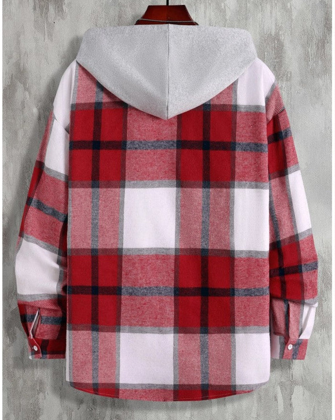Men Plaid Dual Pocket Drawstring Hooded Shirt