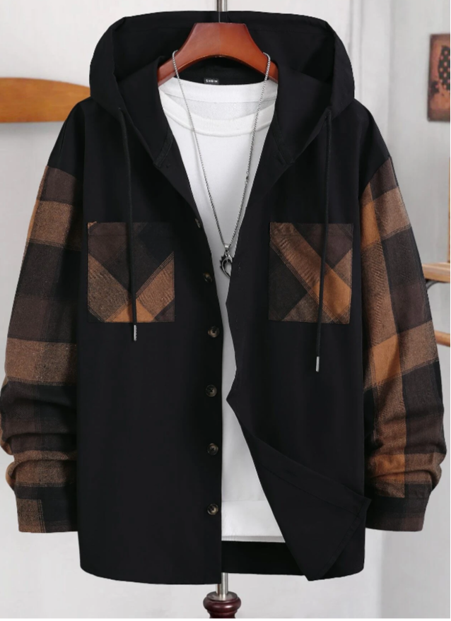 Men Plaid Drawstring Hooded Shirt