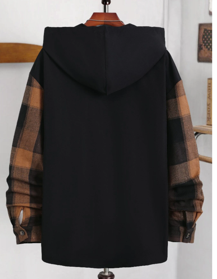 Men Plaid Drawstring Hooded Shirt