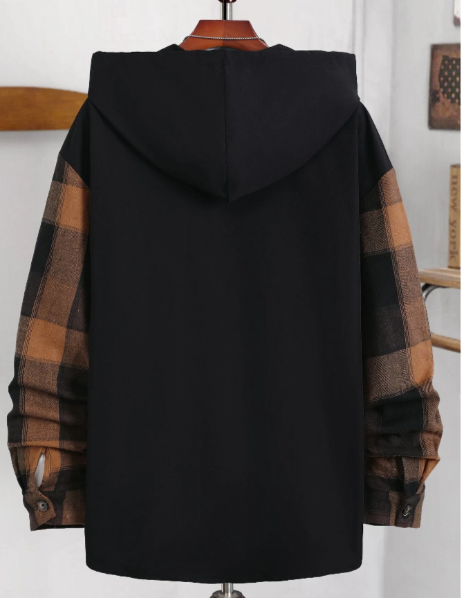 Men Plaid Drawstring Hooded Shirt