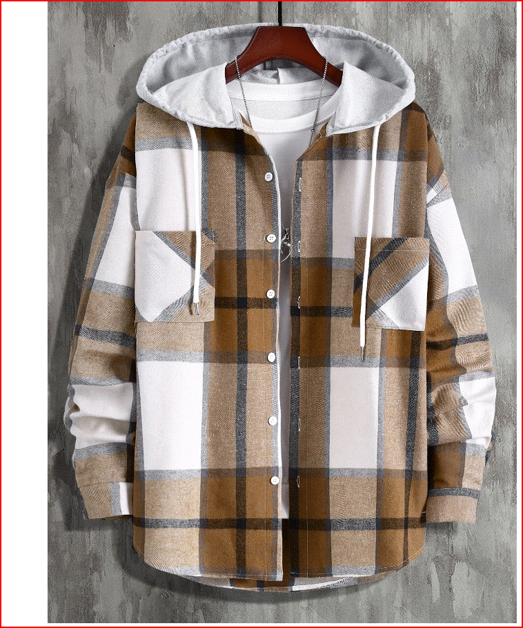 Men Plaid Dual Pocket Drawstring Hooded Shirt