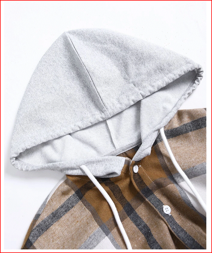 Men Plaid Dual Pocket Drawstring Hooded Shirt